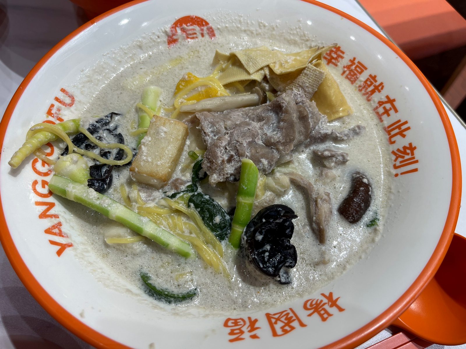 牛骨スープに牛肉・干豆腐・姫たけのこ・キクラゲ・とうもろこし麺などがたっぷり入った麻辣湯のボウル全体