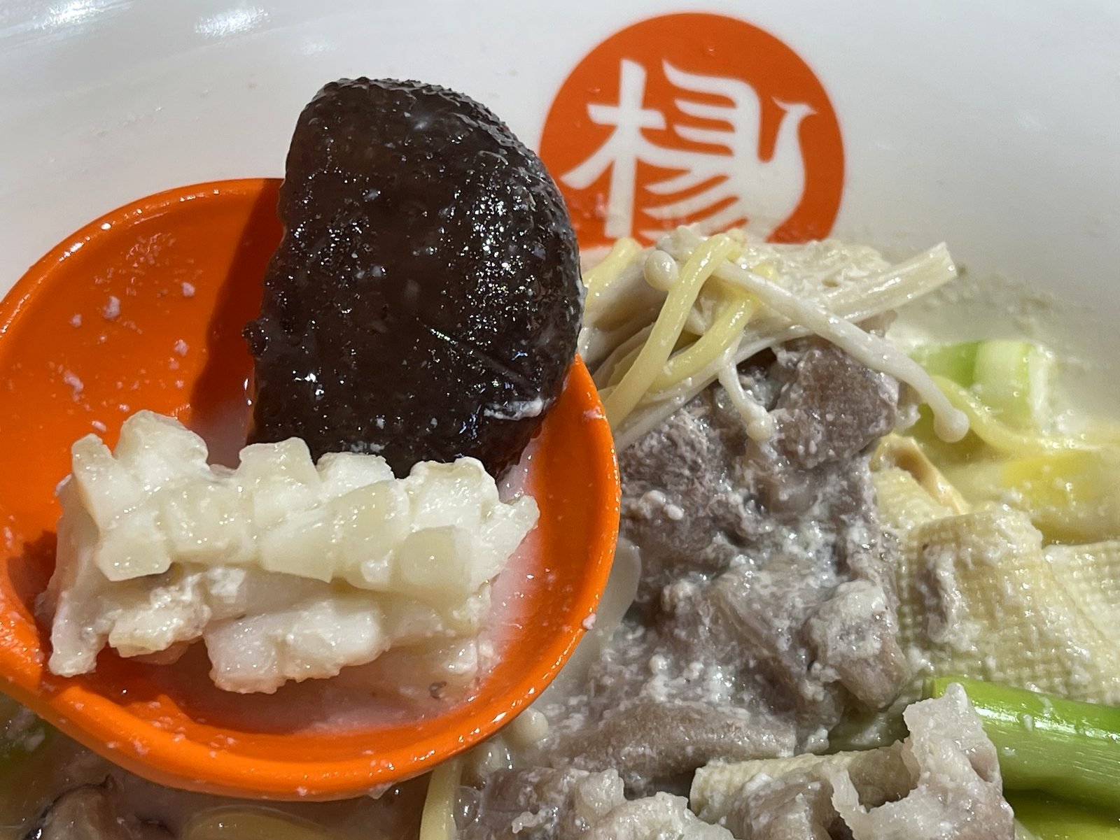 切れ込みの入ったイカと椎茸をレンゲに乗せたクローズアップ