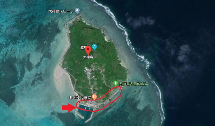 大神島の船着き場と観光エリアを示した地図