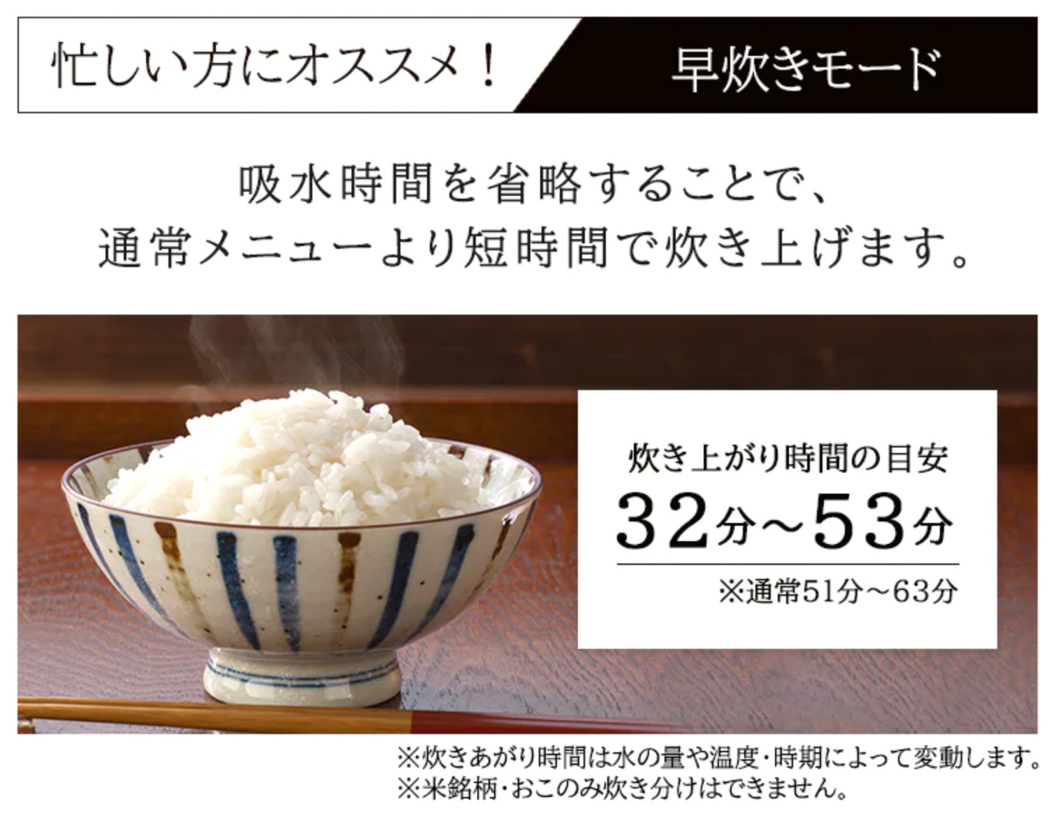 早炊きモードのメニュー
