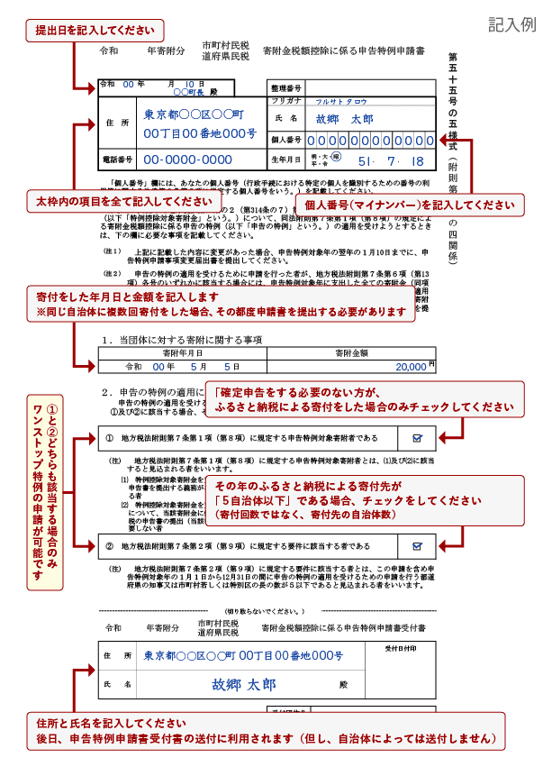 ワンストップ特例制度の申請書記入例